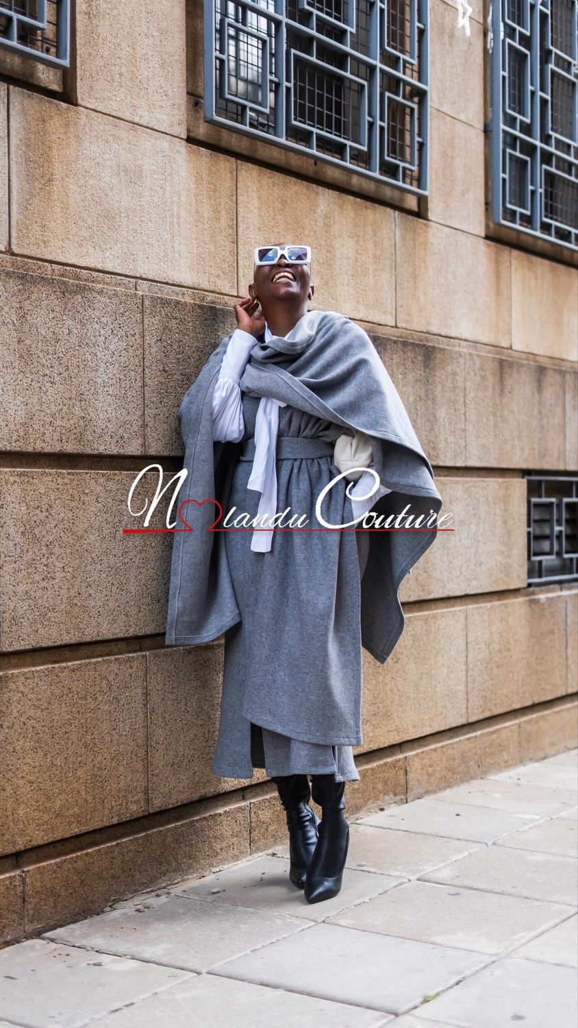 Straight Cut Dress With Front Slits And Back Zip, And Oversized Wrap With A Belt