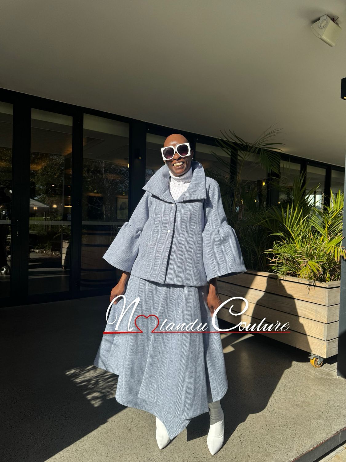 Asymmetric Draped Skirt And Lined Jacket With Flared Sleeves