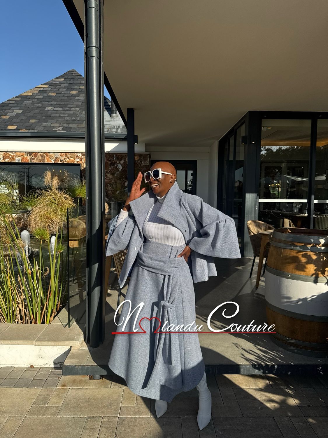Asymmetric Draped Skirt And Lined Jacket With Flared Sleeves