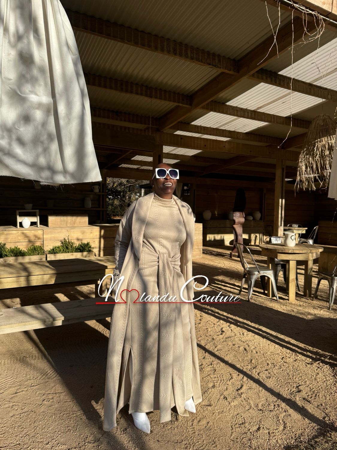 Long Sleeves Maxi Dress With Attached Belt And Side Slits And A Cardigan