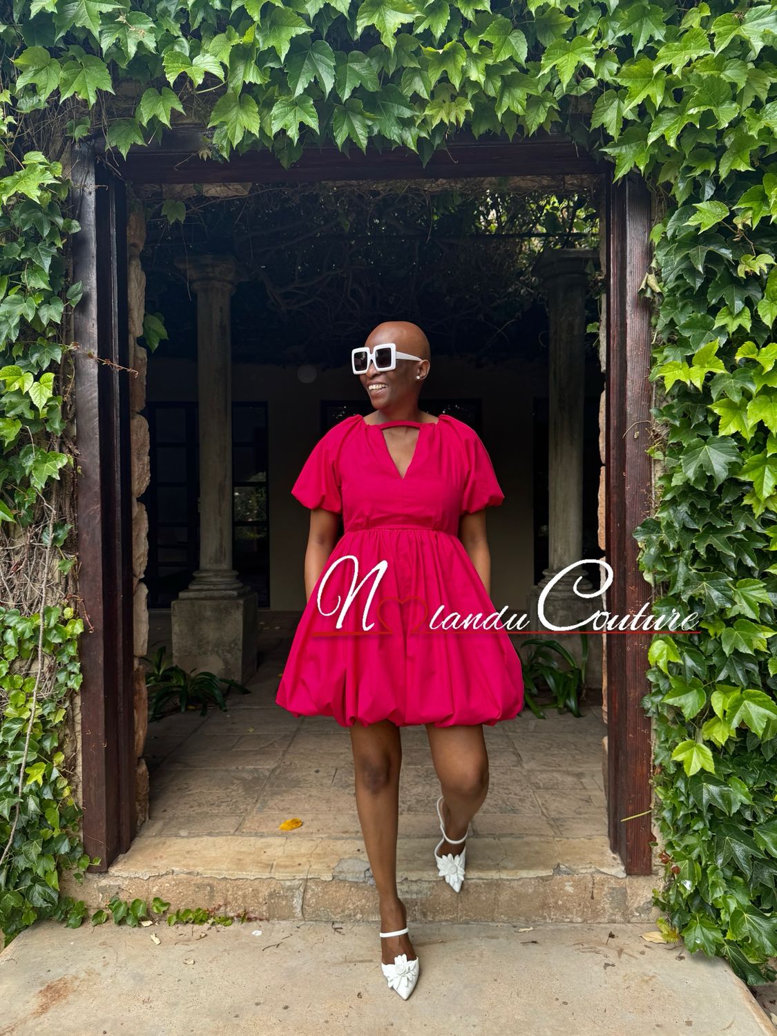 V Neck Short Bubble Dress With Puffy Sleeves And Pockets