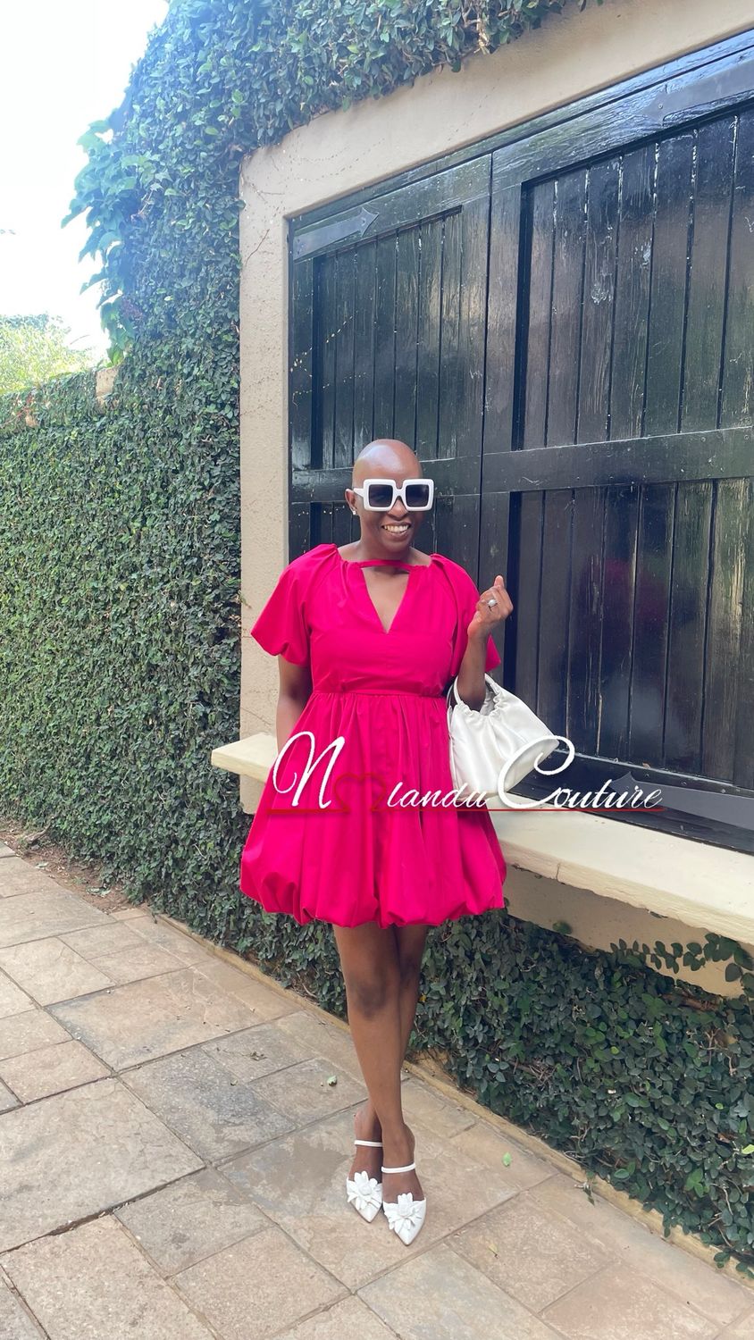 V Neck Short Bubble Dress With Puffy Sleeves And Pockets