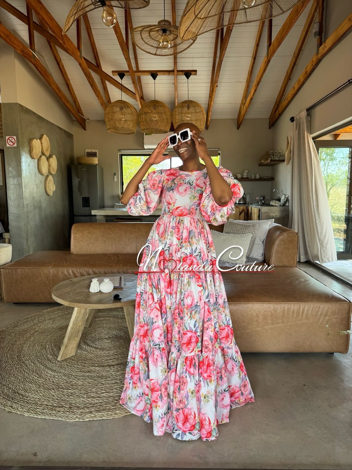 High Waist Maxi Tiered Dress With Melon Sleeves And Pockets