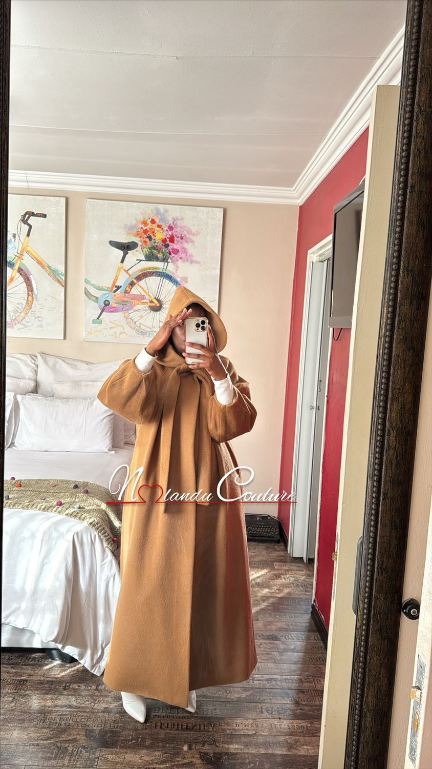 Lined Loose Fitting Floor Length Coat With Pockets And Hoodie
