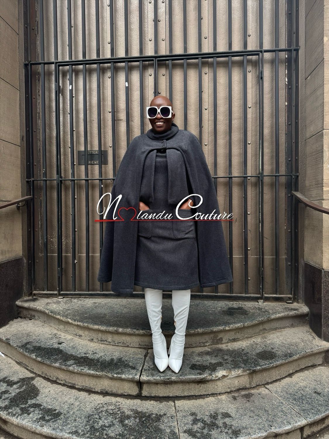 Straight Cut Dress With Patch Pockets, Lined Cropped Jacket And Lined Cape