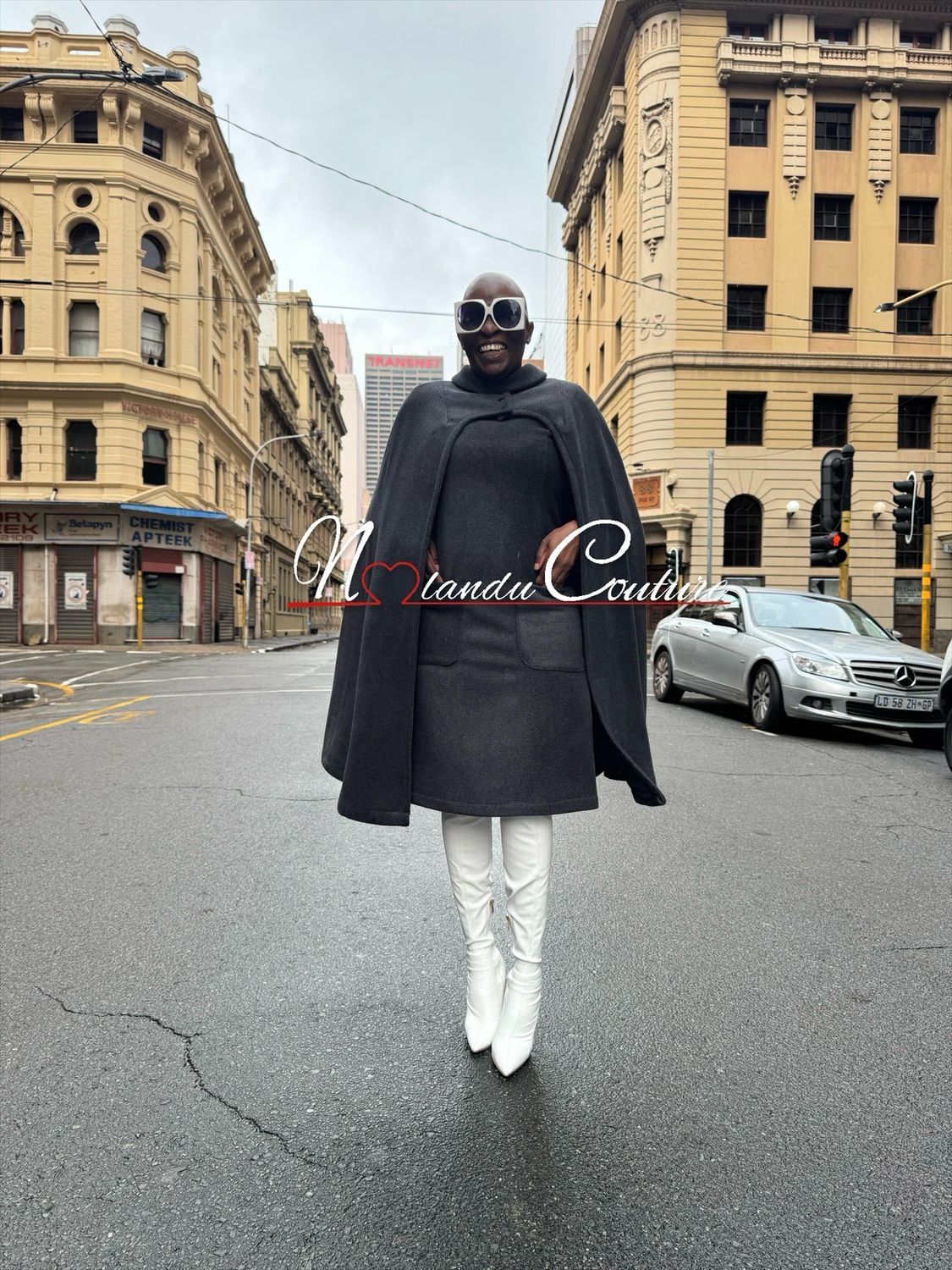 Straight Cut Dress With Patch Pockets And Lined Cape