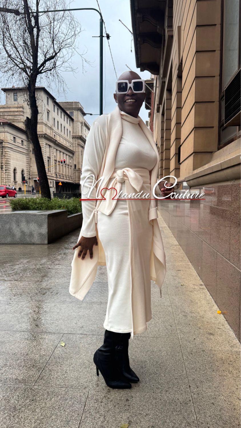 Turtleneck Sleeveless Knit dress With Overlay and Asymmetric Cardigan