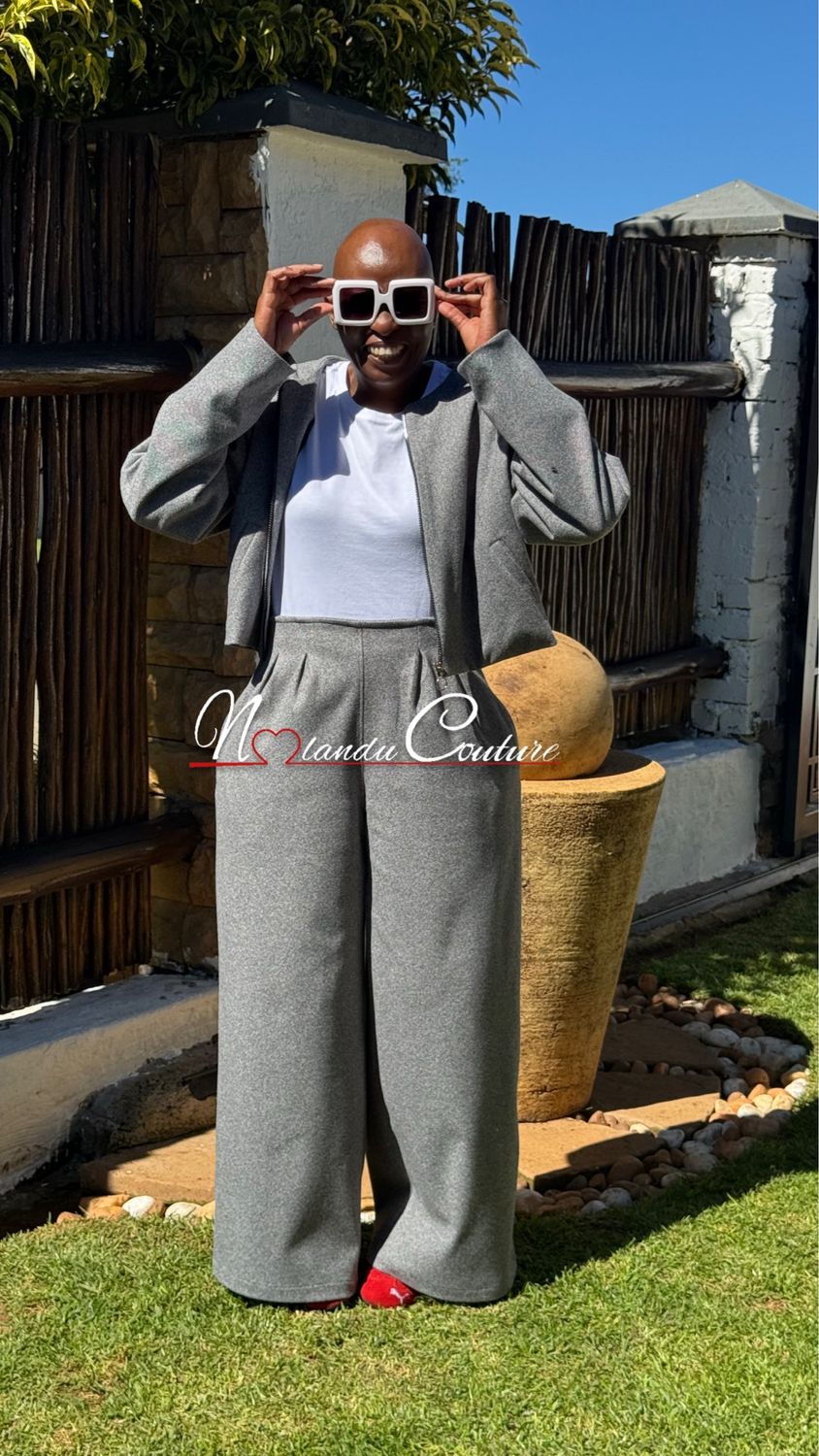 Wide Leg Pants With Side Pockets, Oversized Collarless Jacket With Front Zip And side Pockets