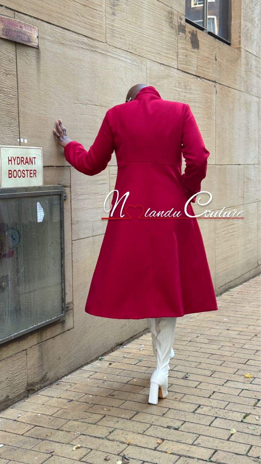 Knee Length Wrap Coat With Stand Collar, Pleated Shoulders And Side Pockets