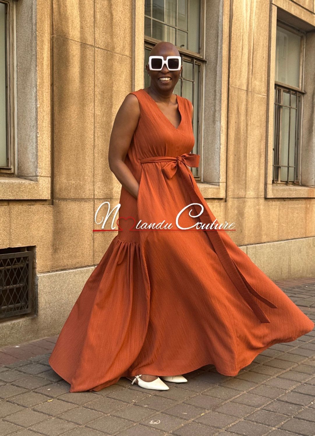 V Neck Tent Shape Dress With Back Ruffle, Pockets And Belt