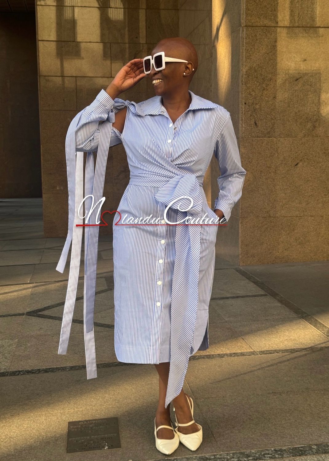 Shirt Dress With Wrap Around Front Tie, Statement Shoulder And Arm Ties