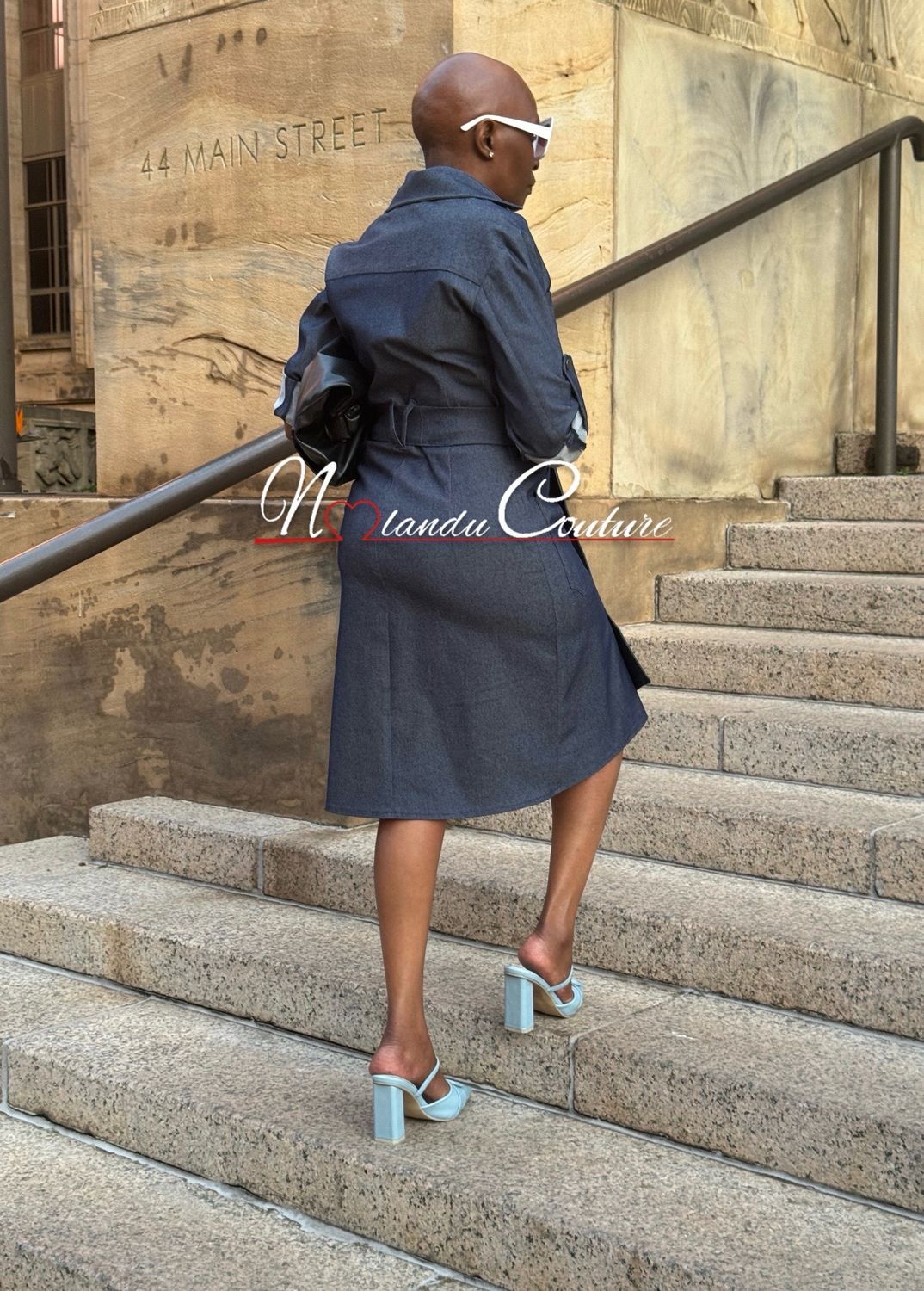 Stretch Denim Shirt Dress With Front Patch Pockets, Long Sleeves And Belt