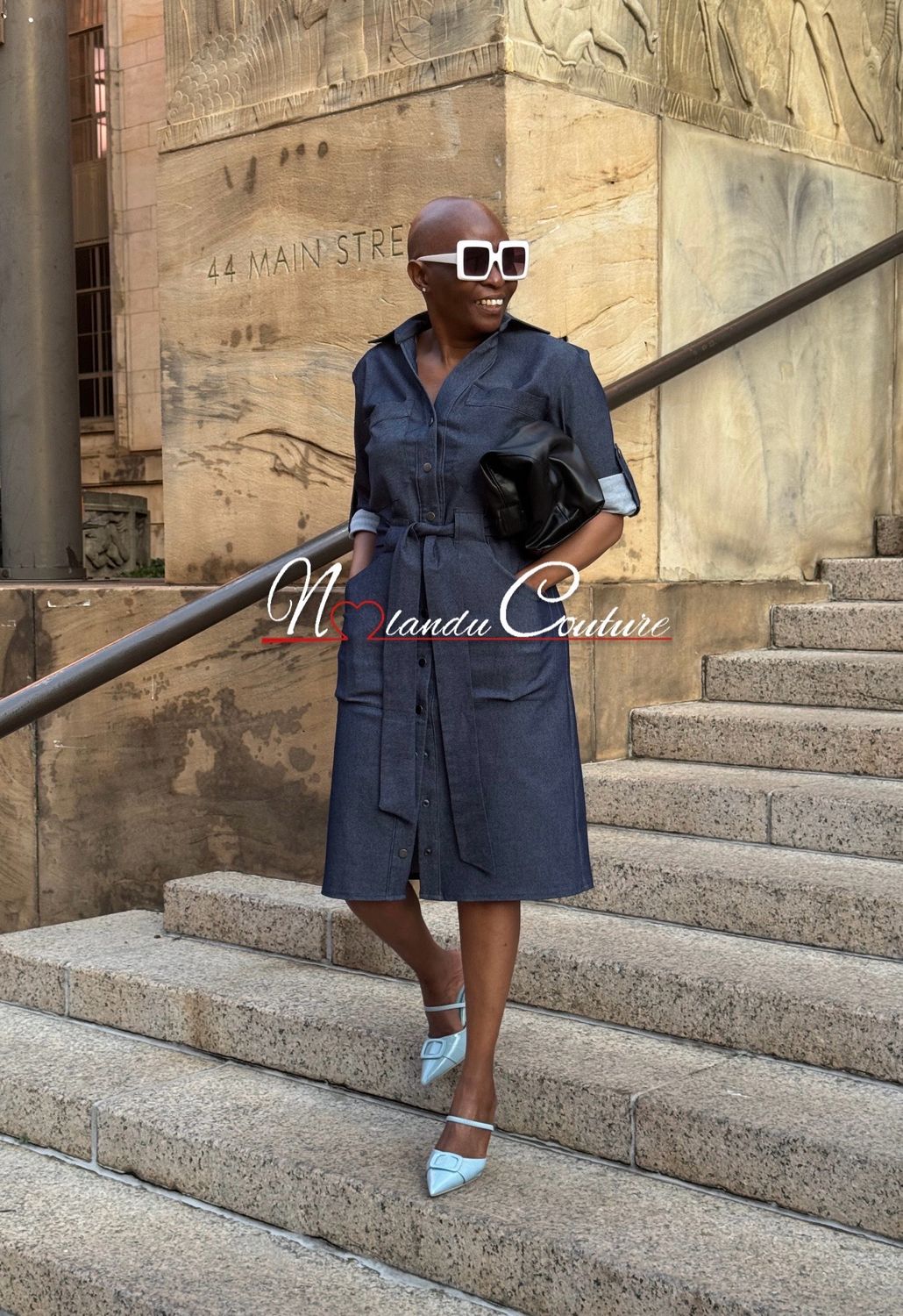Stretch Denim Shirt Dress With Front Patch Pockets, Long Sleeves And Belt
