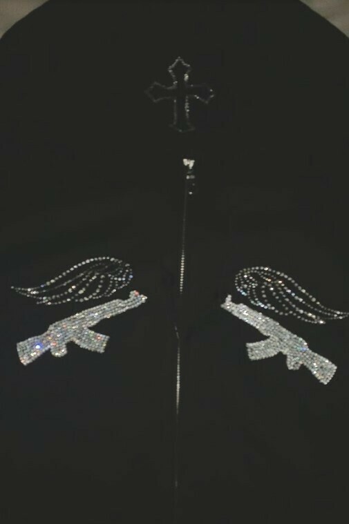 Black Angel Rhinestone AK-47 Zip Up Hoodie