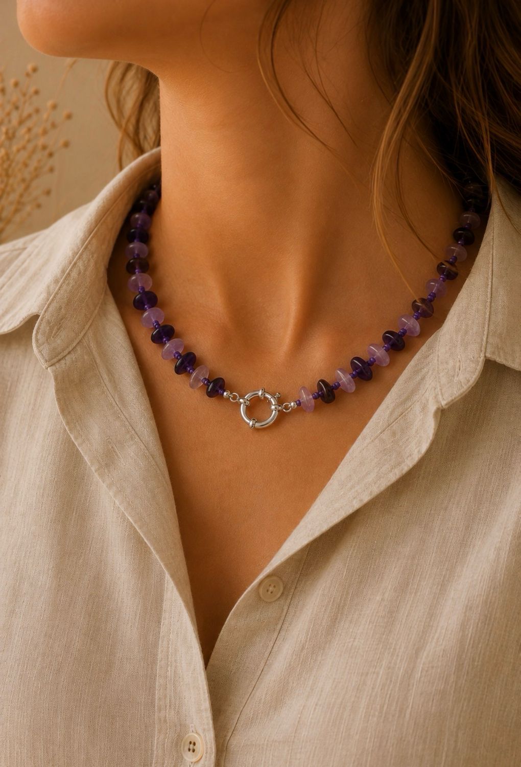 Amethist collier met zilveren rondslot
