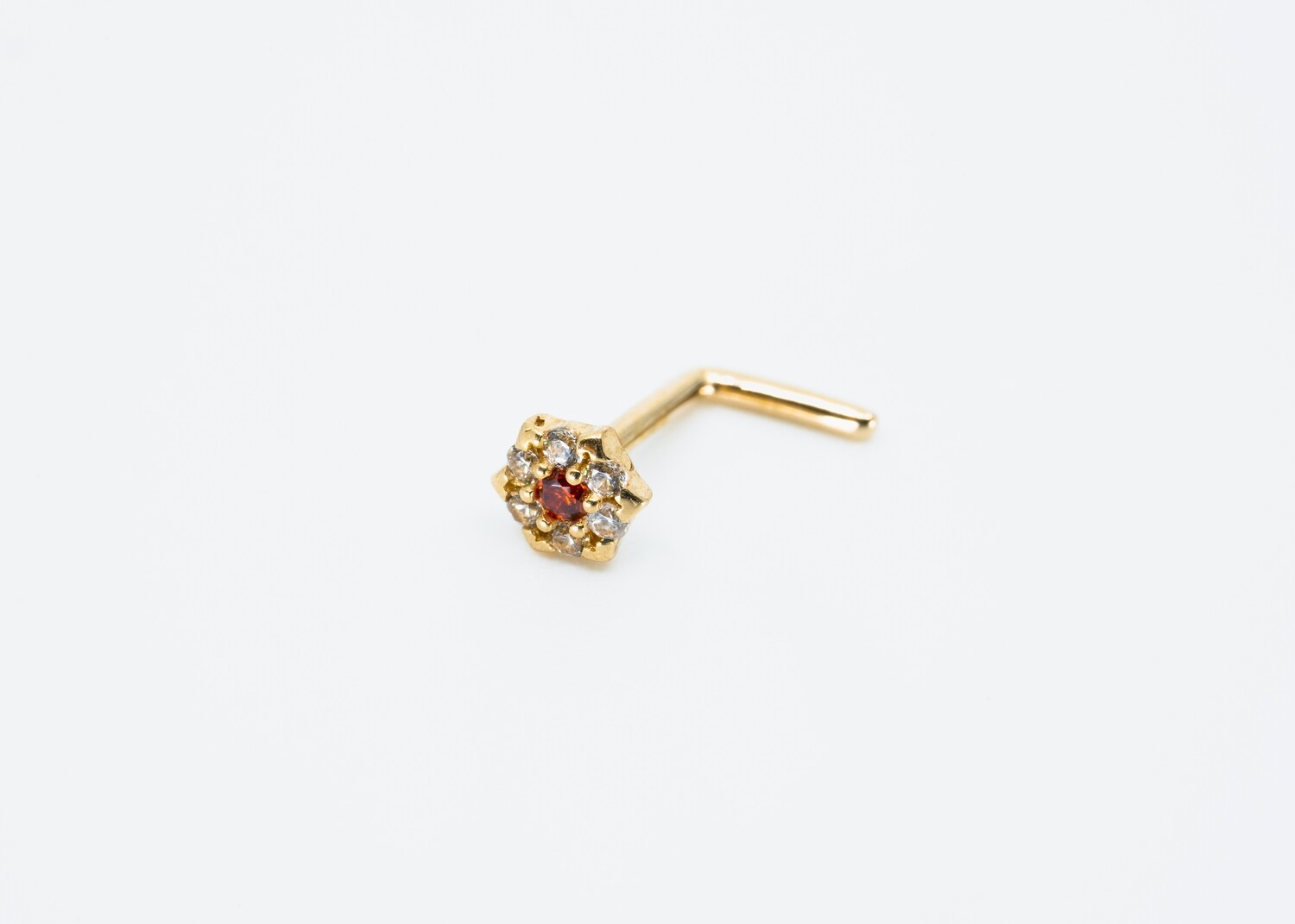 Solid 14kt gold nose piercing with CZ amber gemstone and 6 cystals gemstones