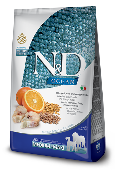 Farmina N&D Ocean Cod, Spelt, Oats & Orange Medium & Maxi Adult Dry Dog Food, 26.4-lb bag