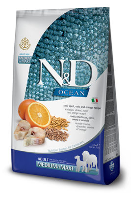 Farmina N&D Ocean Cod, Spelt, Oats & Orange Medium & Maxi Adult Dry Dog Food, 26.4-lb bag