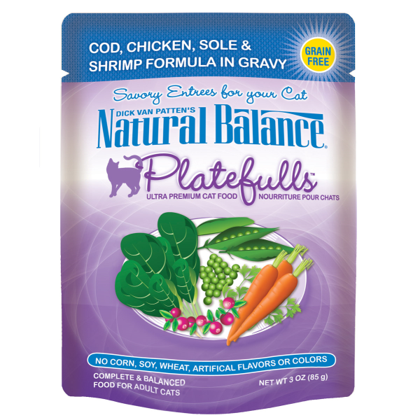 Natural Balance Platefulls Cod, Chicken, Sole & Shrimp in Gravy Pouch Wet Cat Food, 3-oz