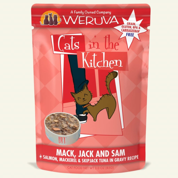Weruva Cats in the Kitchen Mack, Jack & Sam Salmon, Mackerel & Skip Jack Tuna in Gravy, Grain-Free Wet Cat Food, 3-oz