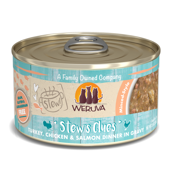 Weruva Cat Stew! Stew's Clues Turkey, Chicken & Salmon Dinner in Gravy Wet Cat Food, 2.8-oz