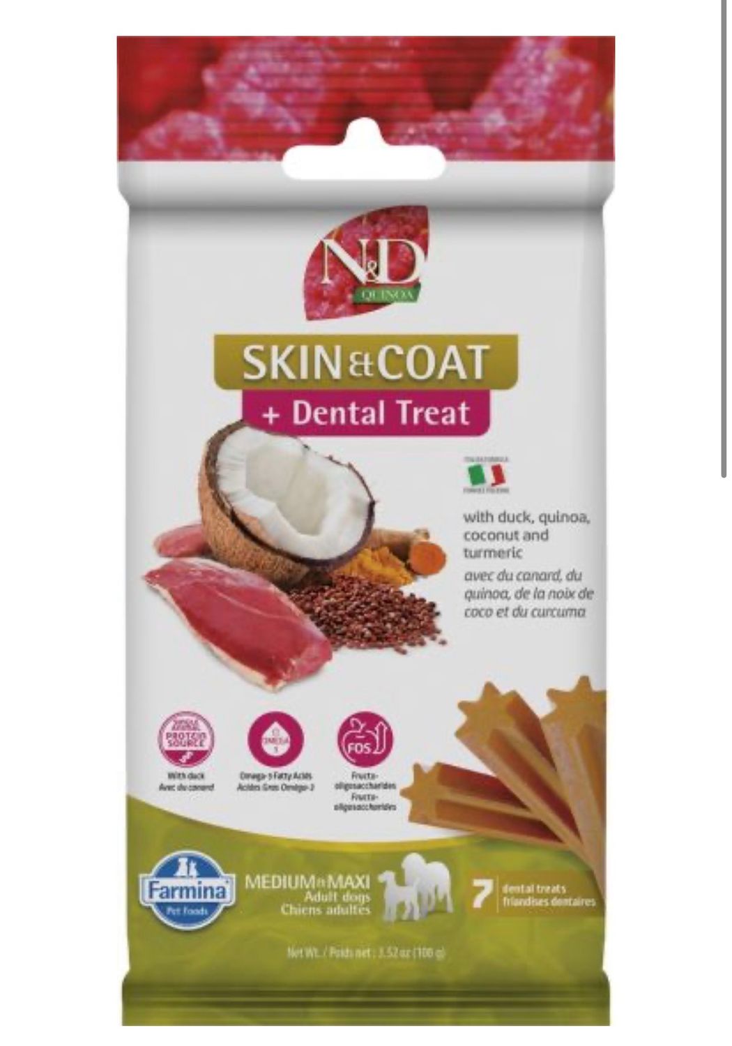 Farmina Quinoa Skin &amp; Coat Quail Dental Treat Med/Max Dog 100g