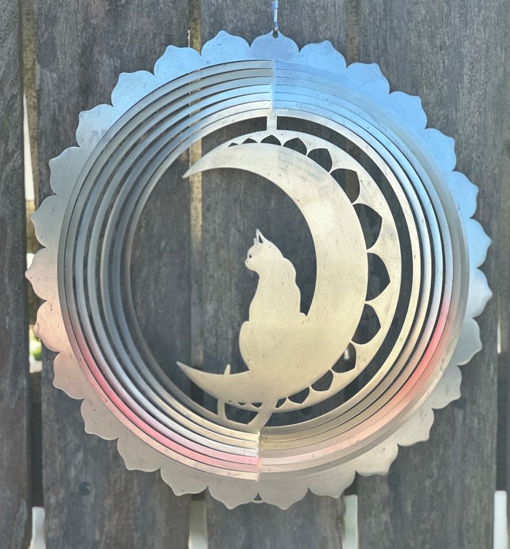 Aussie Spinners - Designer Collection - 30cm CRESCENT CAT sitting in the MOON - 304 Stainless Steel & Made in Australia Aussie Spinners - Designer Collection - 30cm CRESCENT CAT sitting in the MOON - 304 Stainless Steel & Made in Australia