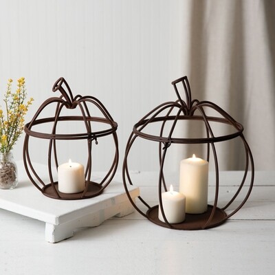 Set of Two Metal Pumpkin Candle Holders