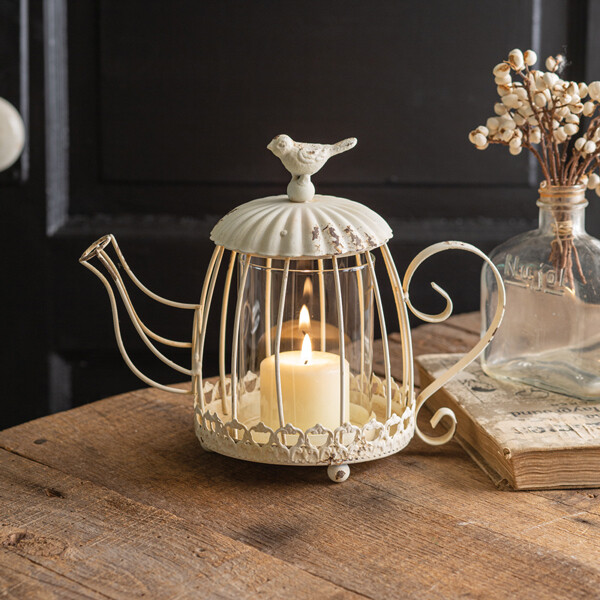 Tea Kettle Candle Holder with Bird