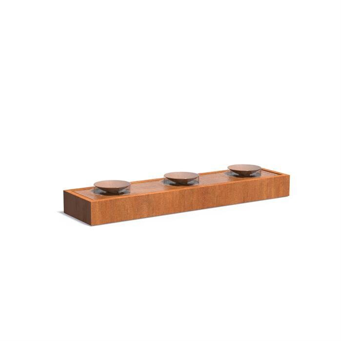 Corten Steel Water Table With 3 Bowls & LED 4000x1000x400