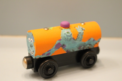 Monsters, Inc. Train, featuring Sully on one side, Mike on the other (compatible with Thomas Wooden Railway Series Trains and Tracks)