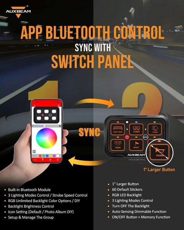 AR-600 RGB Switch Panel With App, Toggle/ Momentary/ Pulse Mode - Auxbeam