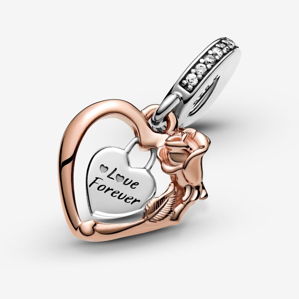 Heart and Rose Flower Dangle Charm