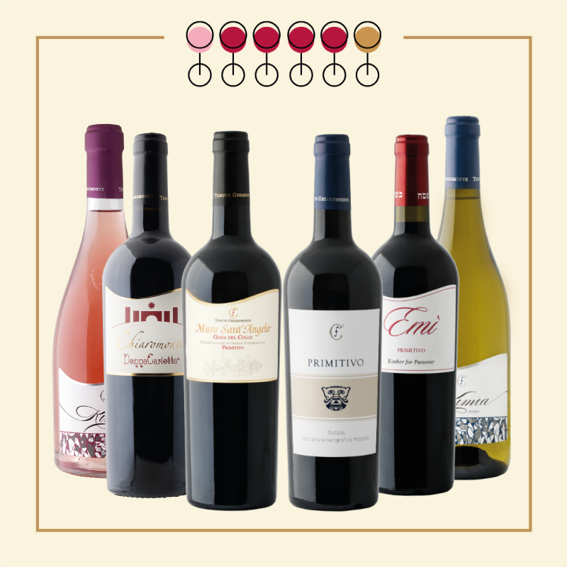 6 Vini: 3 Primitivo, 1 Rosso Kosher, 1 Fiano, 1 Pinot Rosato.