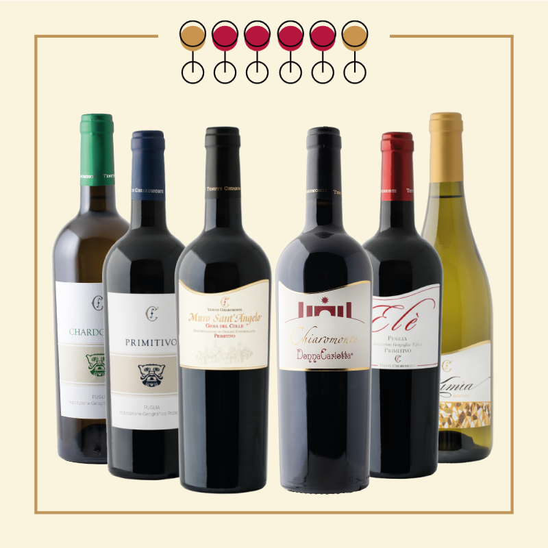 6 Vini: 4 Primitivo, 1 Chardonnay, 1 Moscato Secco.