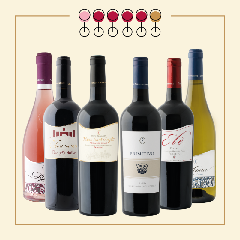 6 Vini: 4 Primitivo, 1 Fiano, 1 Pinot Rosato.