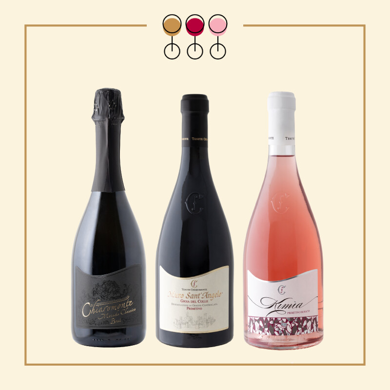 Tris Brut 2021, Primitivo Gioia Muro s. Angelo 2021, Primitivo Rosato 2024 bio