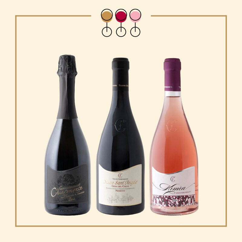 Tris Brut 2021, Primitivo 2020, Pinot Rosato 2024 bio