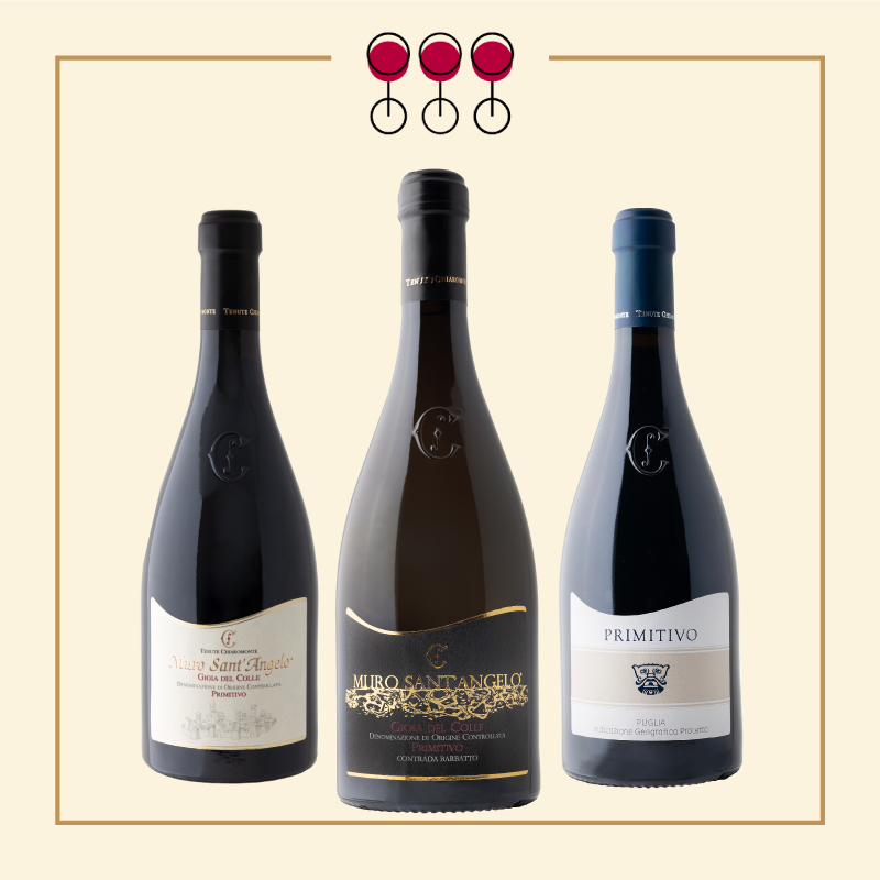 Tris Vino Primitivo: Barbatto 2021, Gioia 2021, Puglia I.G.P. Mascherone 2020.