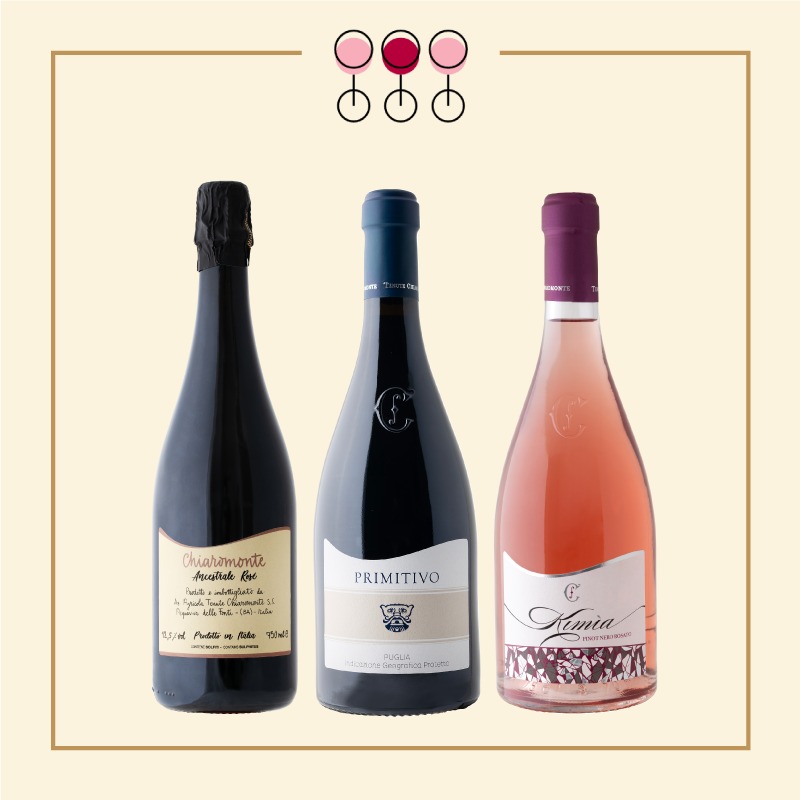 Tris Spumante Brut Rosé 2018, Primitivo 2020, Rosato Pinot 2021.