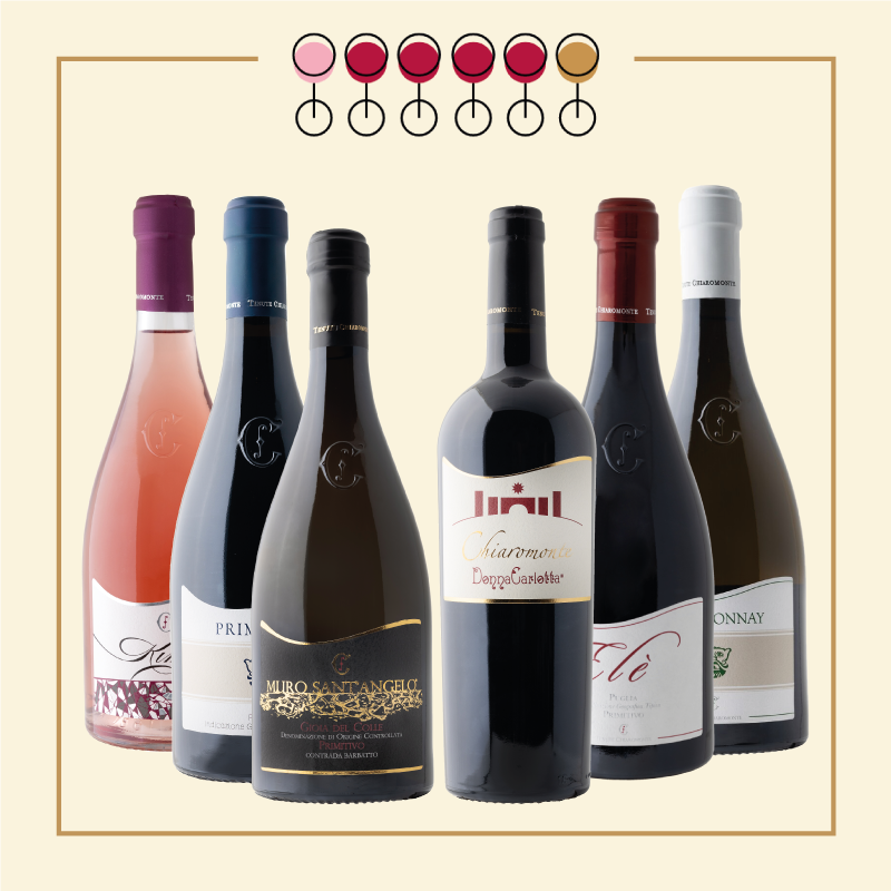 6 Vini: 4 Primitivo, 1 Chardonnay, 1 Primitivo Rosato.