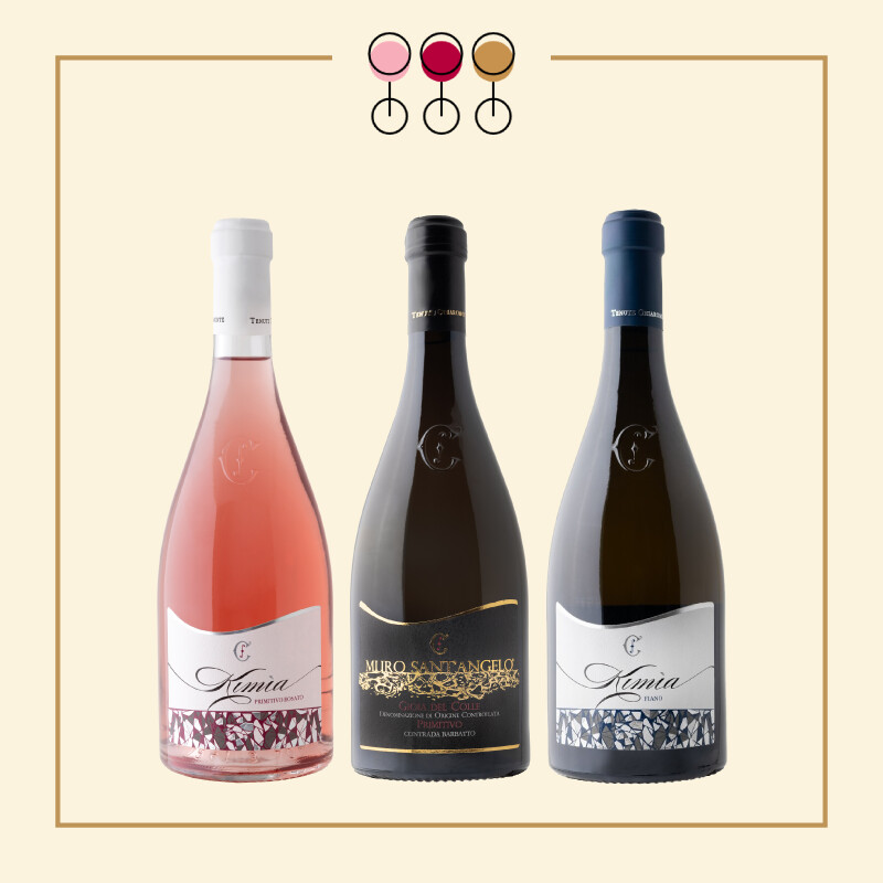 Tris Primitivo Barbatto 2020, Primitivo Rosato 2024, Fiano 2024
