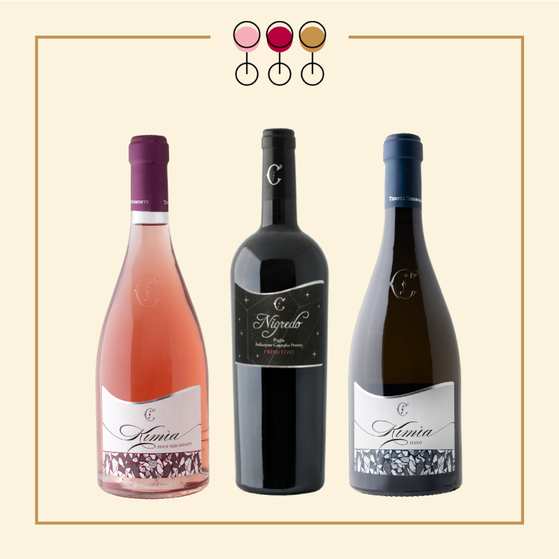 Tris Primitivo Nigredo 2018, Rosato Pinot 2024, Fiano 2024