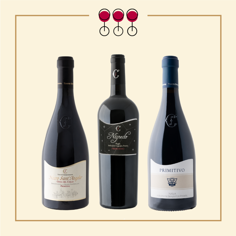 Tris Vino Primitivo: Nigredo 2018, Gioia 2021, Puglia I.G.P. 2020.