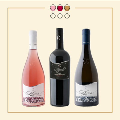 Tris Primitivo Nigredo 2020, Primitivo Rosato 2025, Fiano 2025