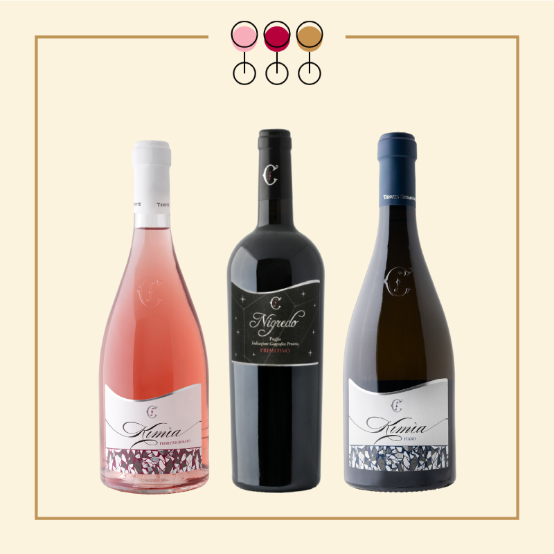Tris Primitivo Nigredo 2020, Primitivo Rosato 2025, Fiano 2025