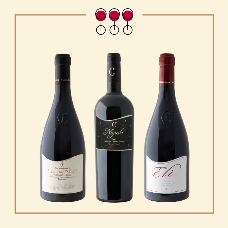 Tris Vino Primitivo: Nigredo 2020, Gioia 2021, Elè 2023