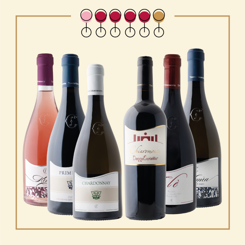 6 Vini: 1 Primitivo, 1 Donna Carlotta, 1 Ele',  1 Chardonnay, 1 Fiano,         1 Pinot Rosato.