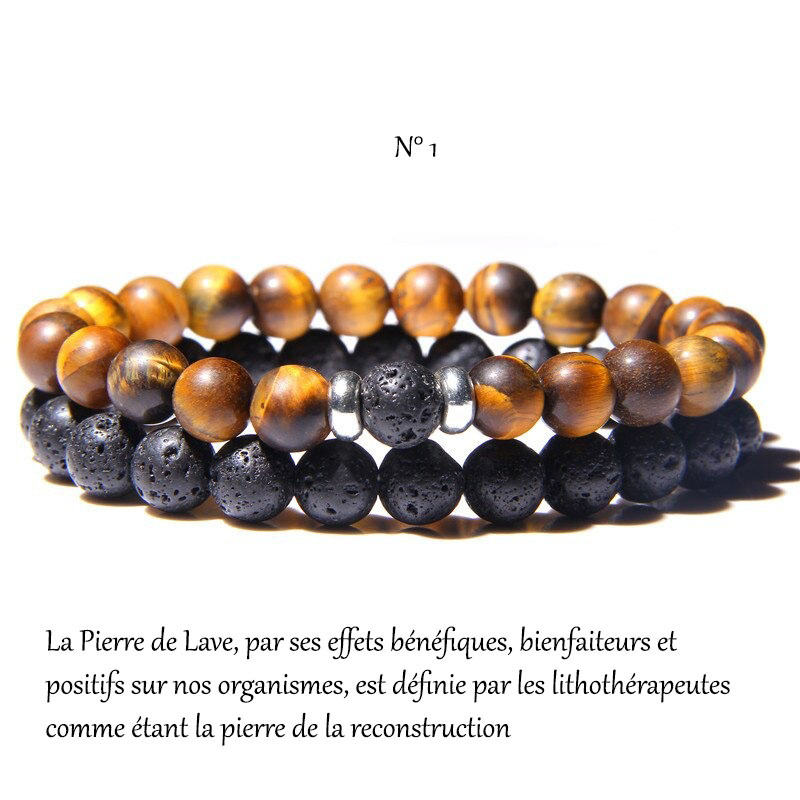 Bracelet «reconstruction» en bois, Pierres de Lave et Pierre de Lune
