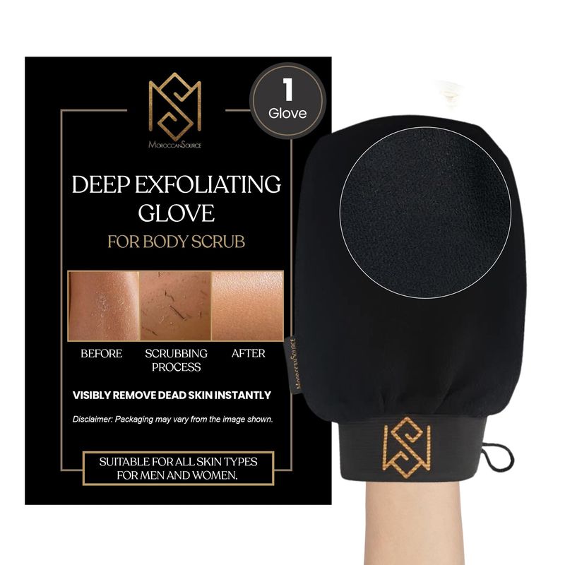 Exfoliating Glove Kessa Mitt Body Scrubber - Dead Skin Remover Shower Glove for Dead Skin Scrubbing and Deep Pore Cleansing - by MoroccanSource (1 Pack Black)